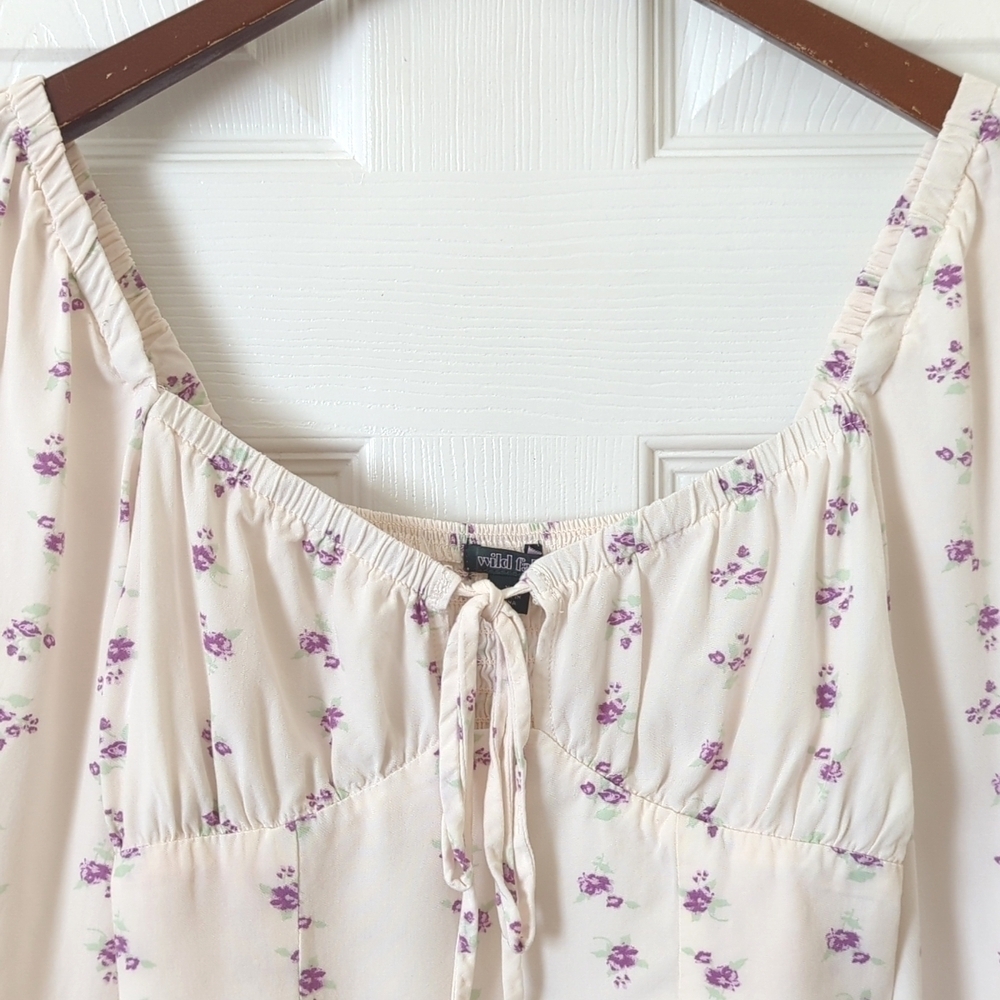 Wild Fable Boho Floral Quarter Balloon Sleeve Bustier Crop Top Cream Purple XS - Picture 2 of 11